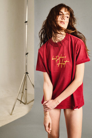 But She's Hot Crew Tee- Washed Crimson